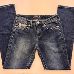 Grace in LA Medium Dark Blue Embroidered Pocket Jeans